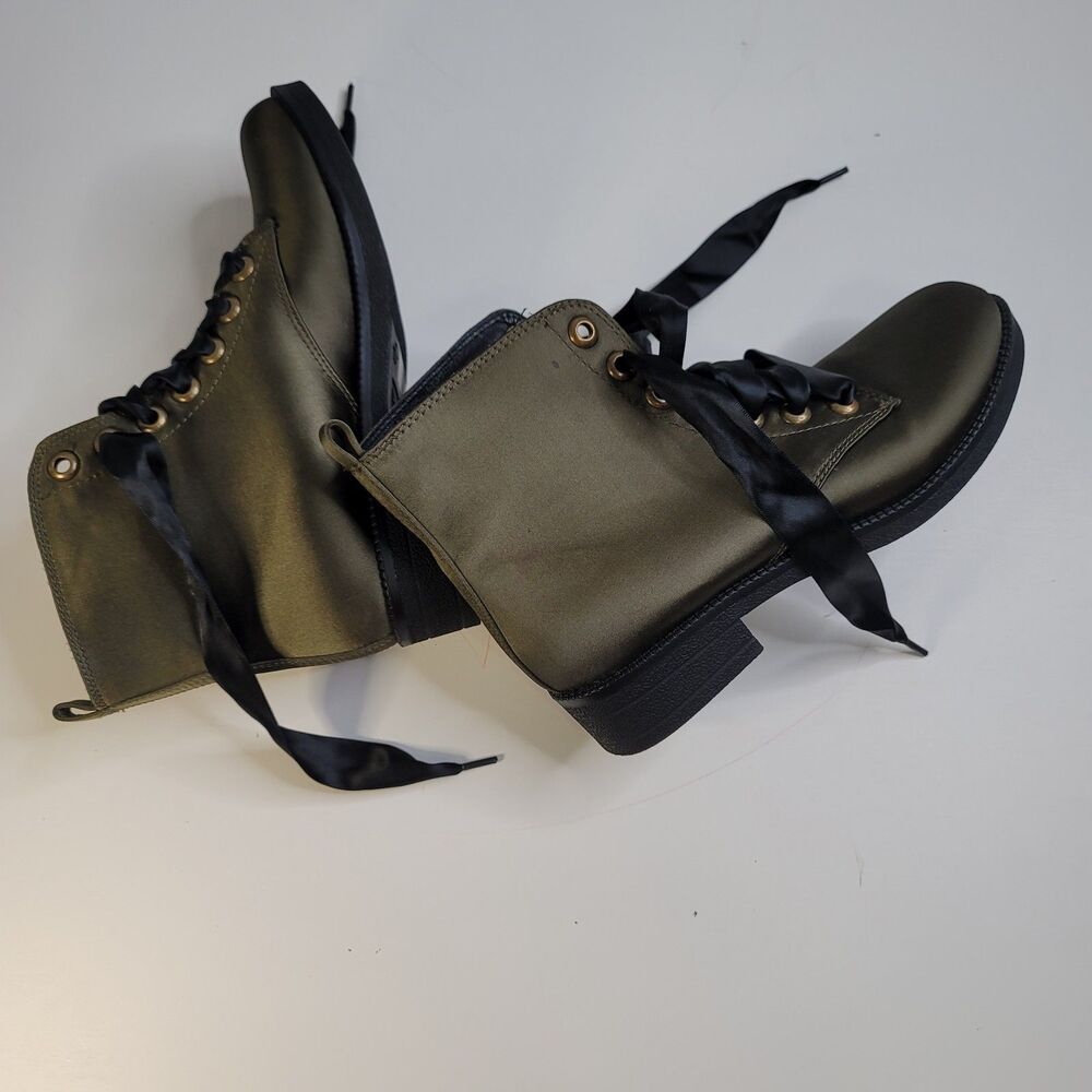 Army Green Satin Lace-Up Dirty Laundry  Ankle Boots Women 7 Witchy Festival